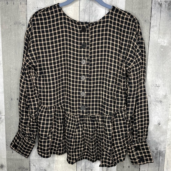Madewell peplum windowpain plaid button up back long sleeve top black xxs - Picture 4 of 7